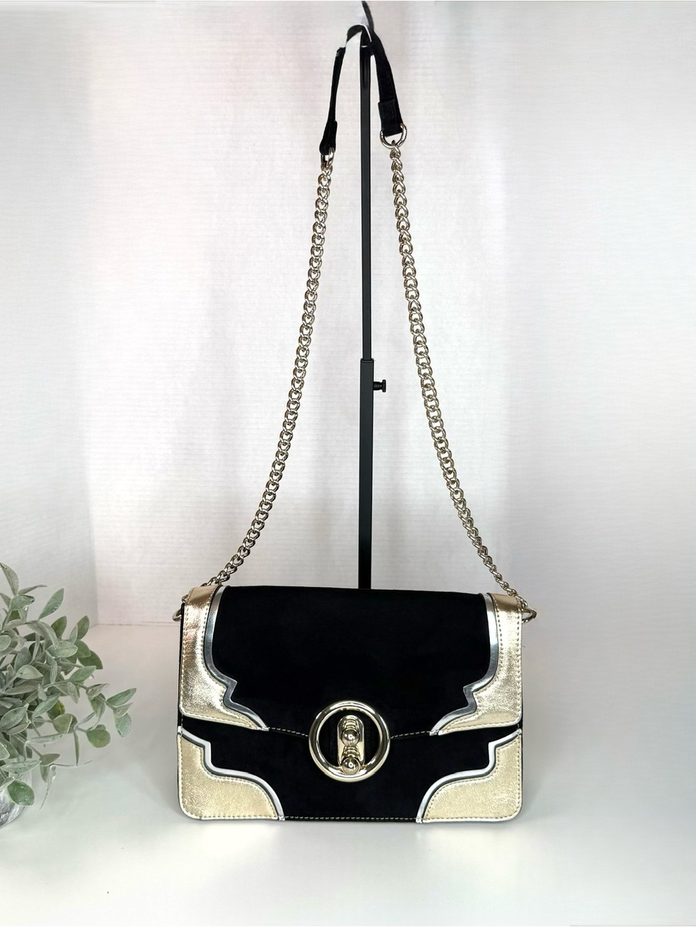 Express Women's Crossbody Mixed Media Black Velvet & Metallic Gold/Silver Bag - Picture 2 of 14